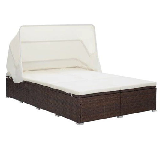 2-person sun lounger with cushion poly rattan brown