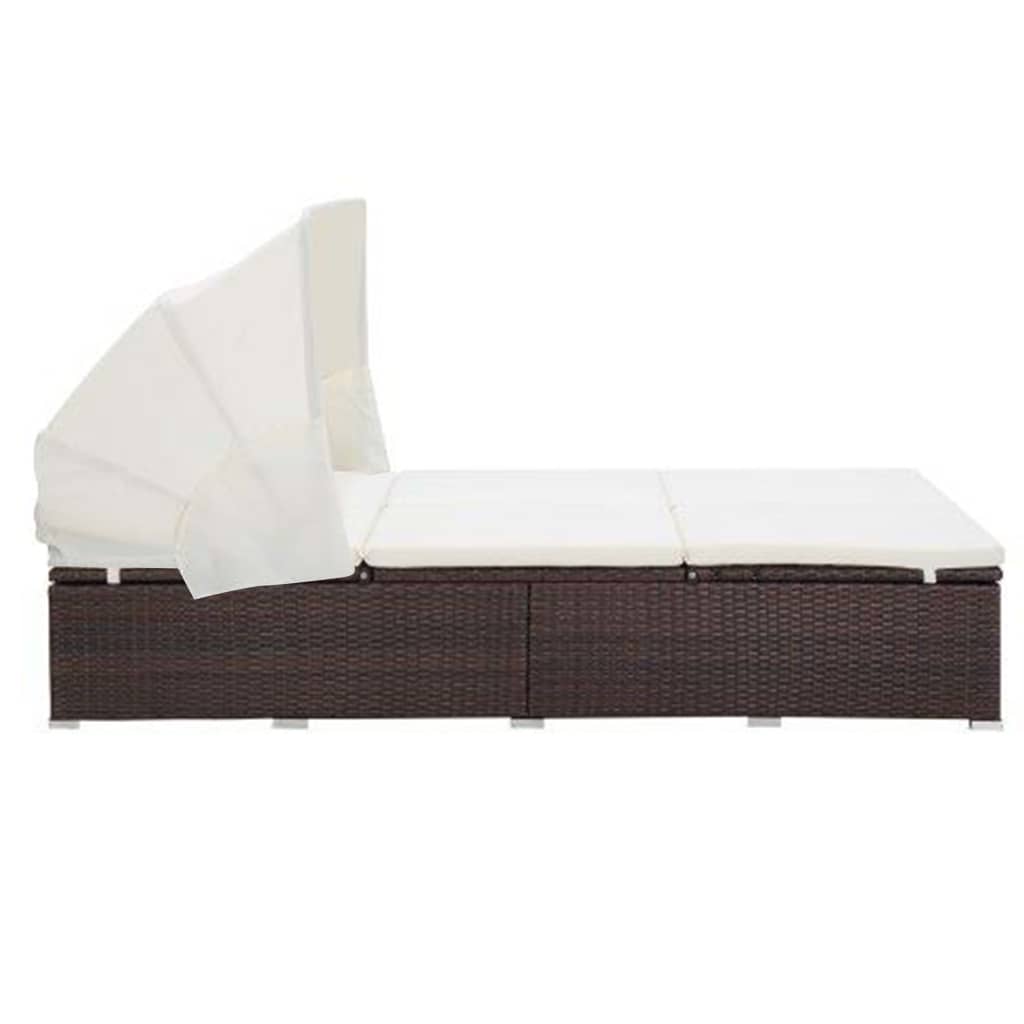 2-person sun lounger with cushion poly rattan brown