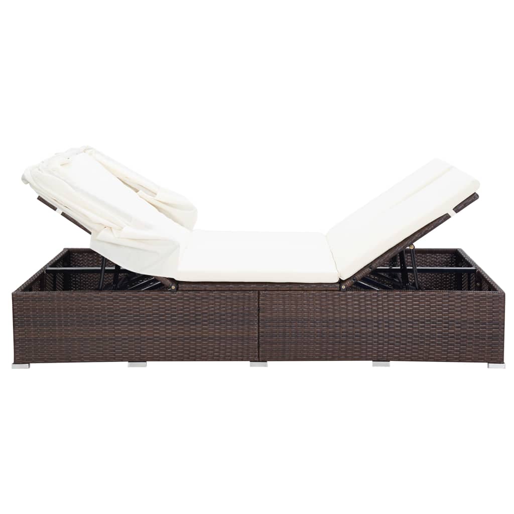 2-person sun lounger with cushion poly rattan brown