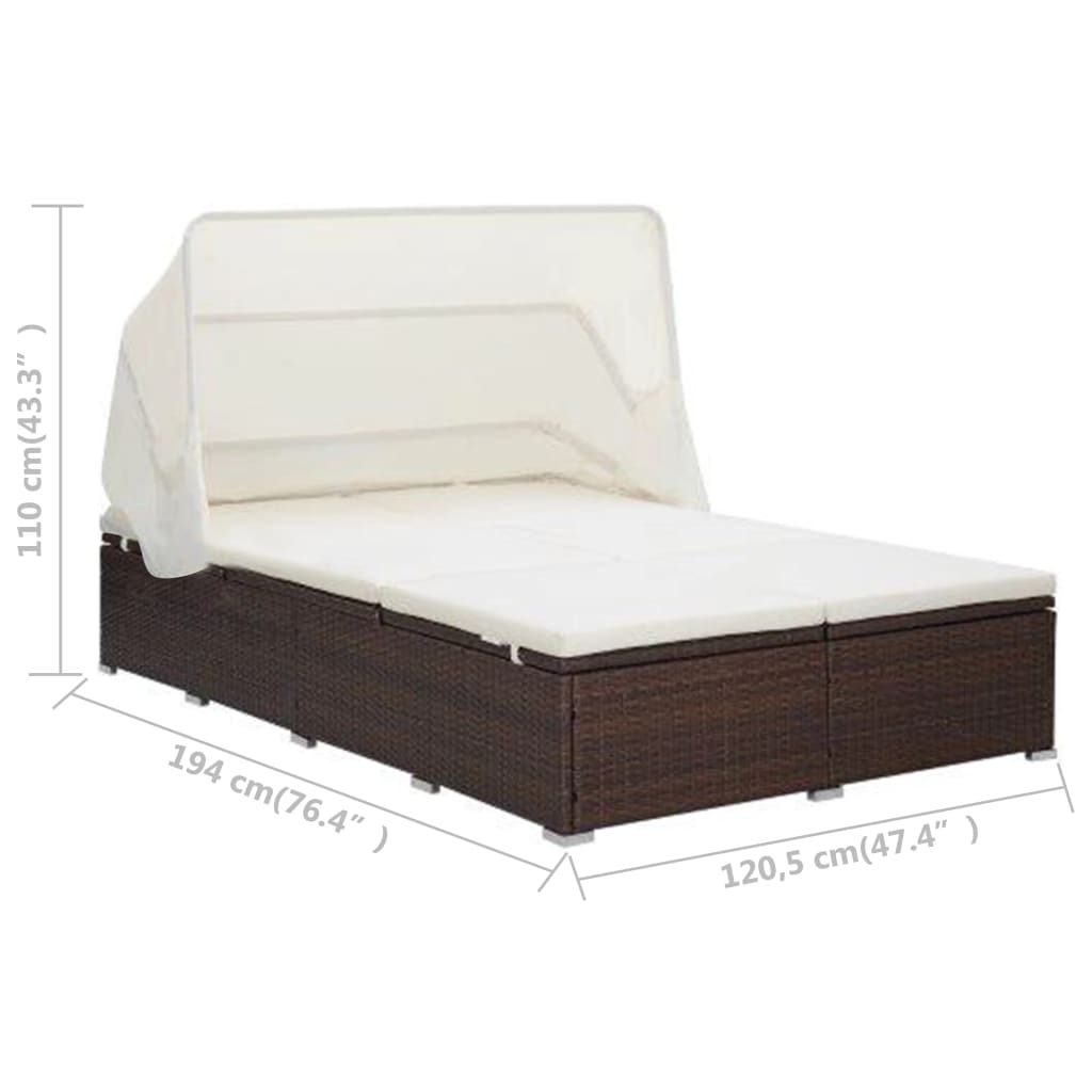 2-person sun lounger with cushion poly rattan brown