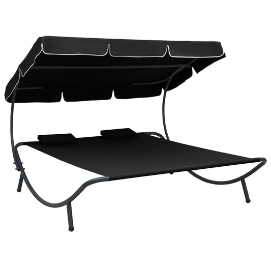 Sun lounger with sun canopy and cushions black