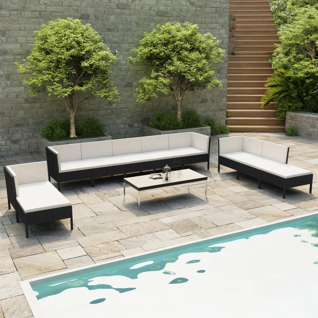 10-tlg. Garten-Lounge-Set mit Auflagen Poly Rattan Schwarz