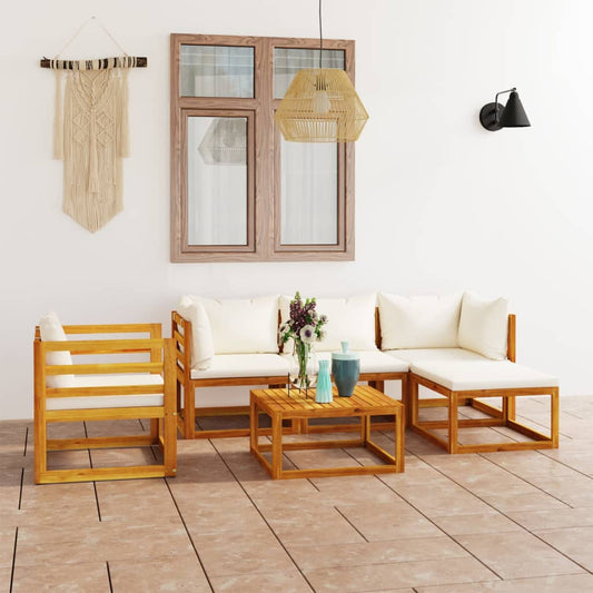 6-tlg. Garten-Lounge-Set mit Auflagen Creme Massivholz Akazie