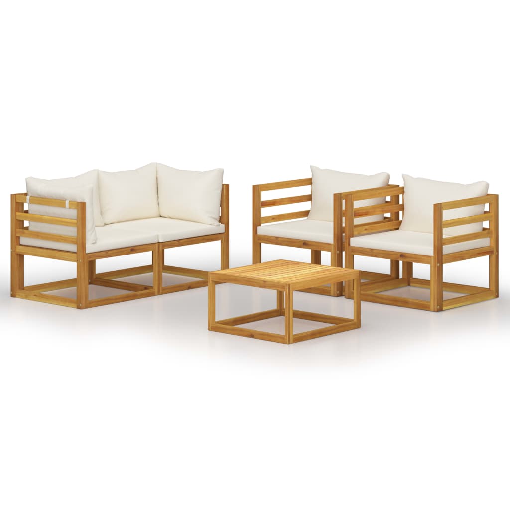 5-tlg. Garten-Lounge-Set mit Auflagen Creme Massivholz Akazie