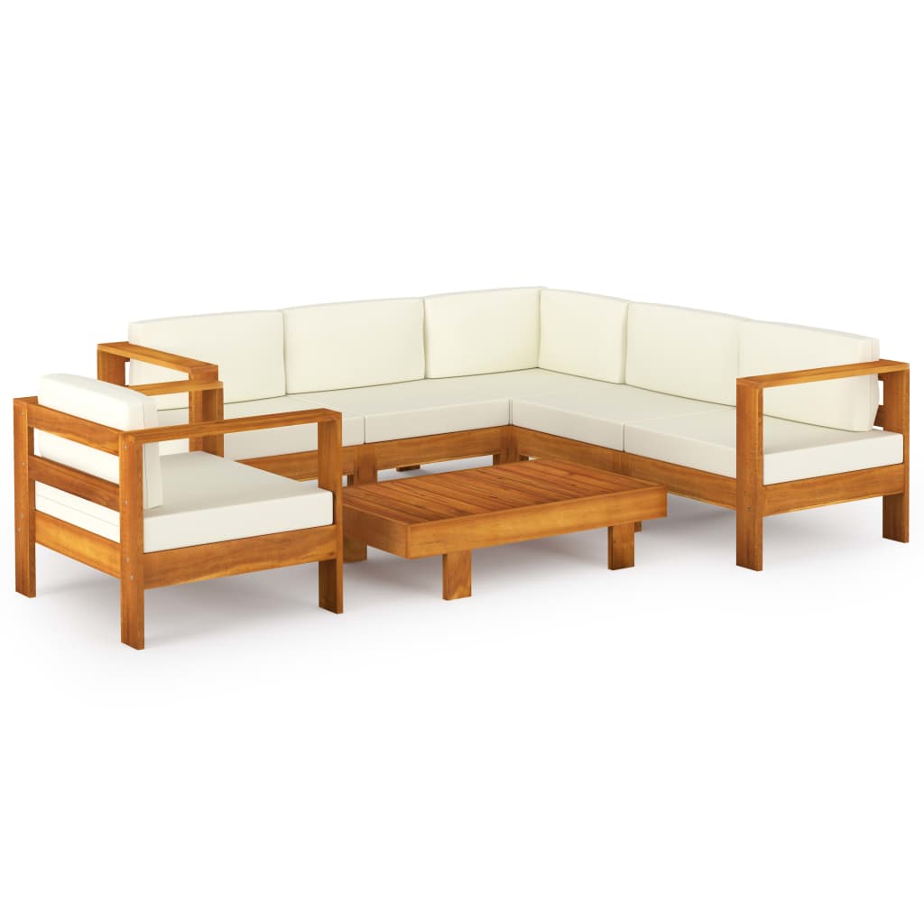 7-piece garden lounge set with cream cushions, solid acacia wood