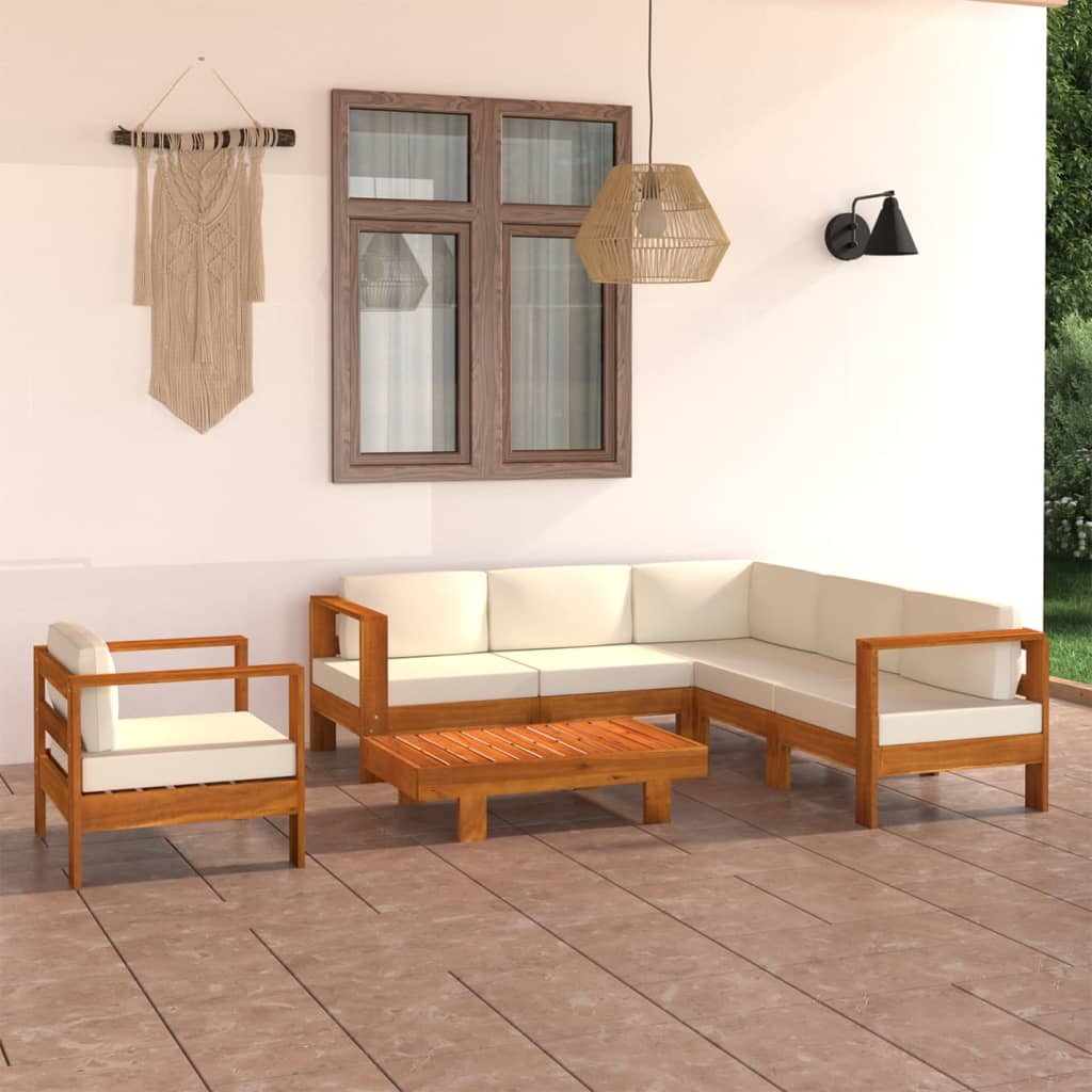 7-piece garden lounge set with cream cushions, solid acacia wood