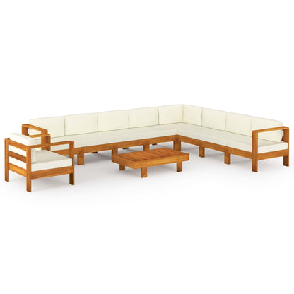 10-piece garden lounge set with cream cushions, solid acacia wood