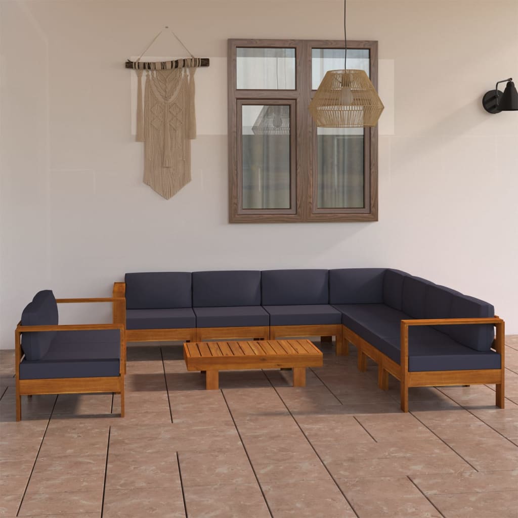 9-piece garden lounge set with dark grey acacia wood cushions