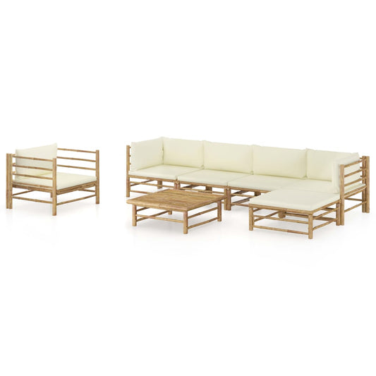 7-piece garden lounge set with cream white cushions bamboo