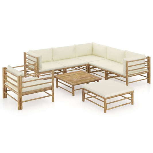 8-piece garden lounge set with cream white cushions bamboo