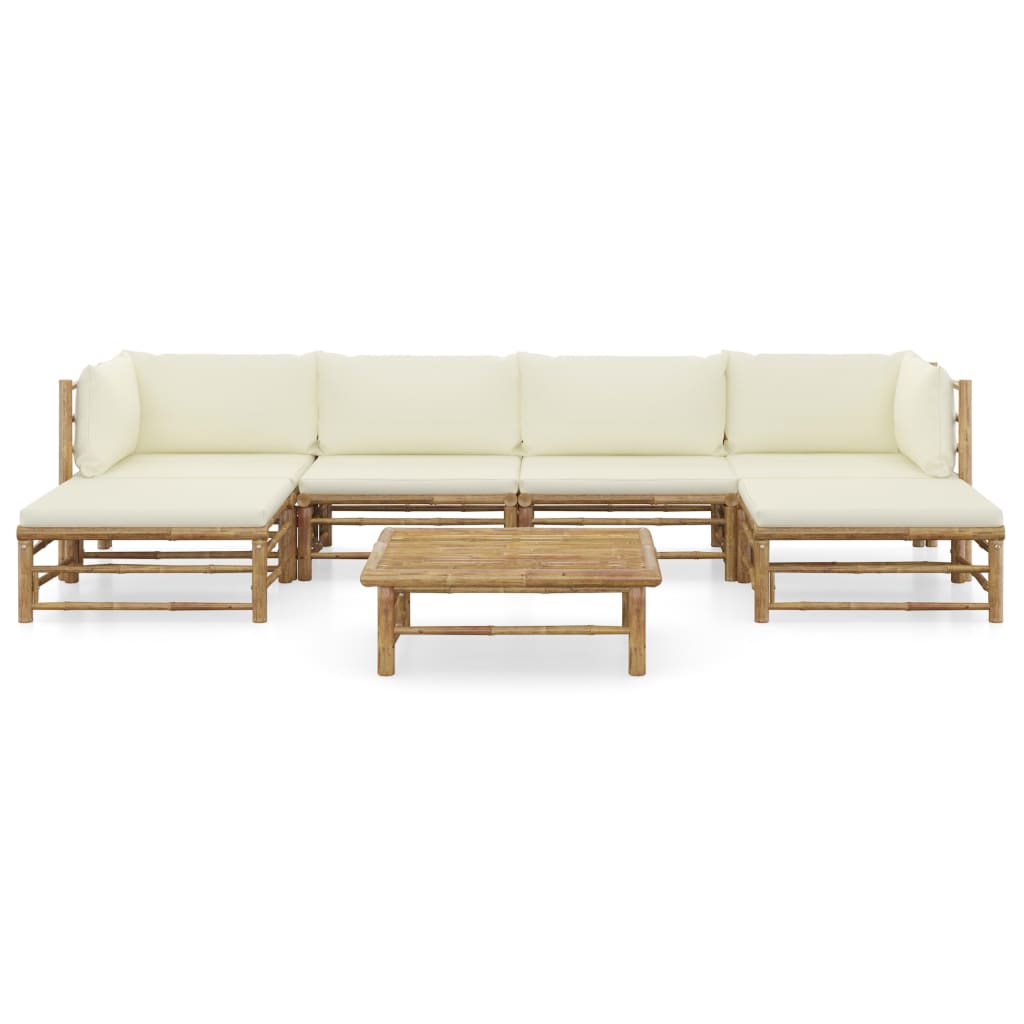 7-piece garden lounge set with cream white cushions bamboo