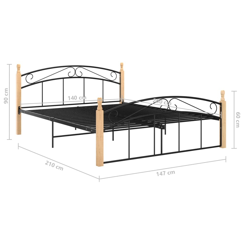 Bettgestell Schwarz Metall und Massivholz Eiche 140x200 cm