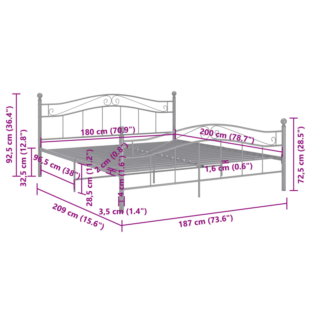 Bett Grau Metall 180x200 cm