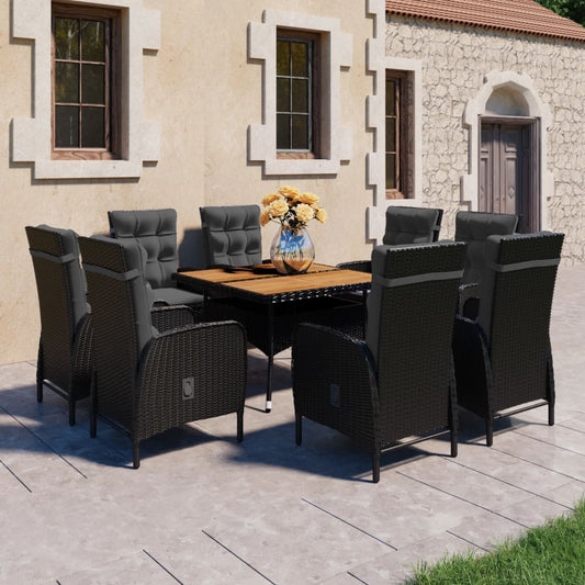 9-piece garden dining set poly rattan and acacia wood black