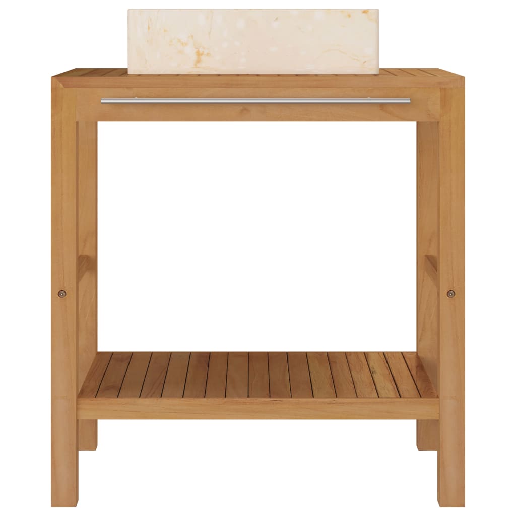 Waschtisch Massivholz Teak mit Waschbecken Marmor Creme