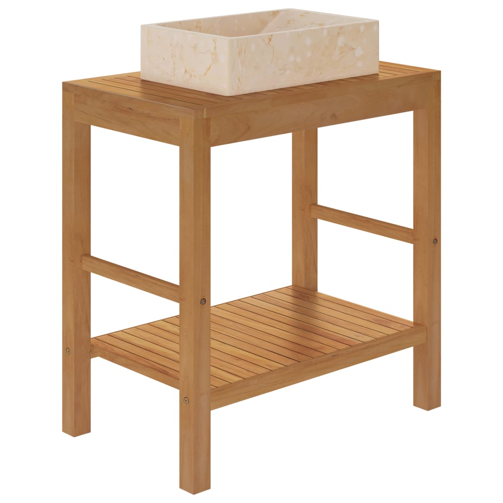 Waschtisch Massivholz Teak mit Waschbecken Marmor Creme