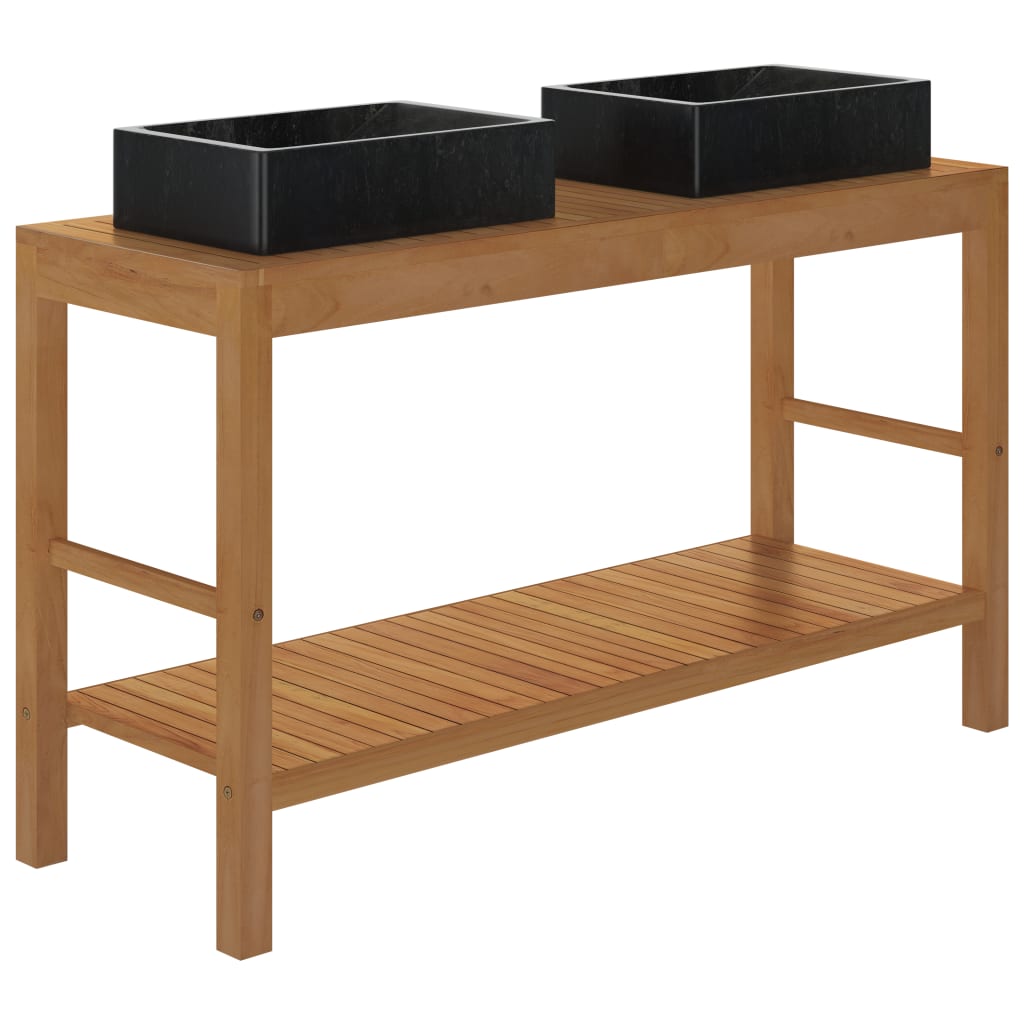 Waschtisch Massivholz Teak mit Waschbecken Marmor Schwarz