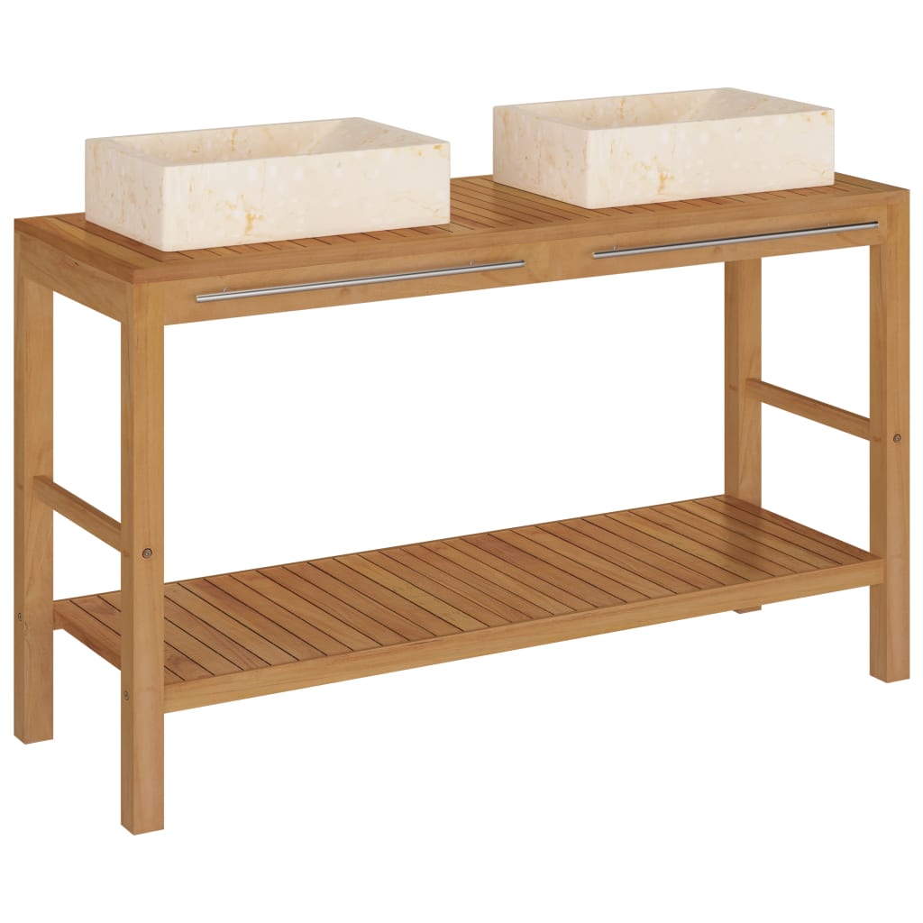 Waschtisch Massivholz Teak mit Waschbecken Marmor Creme