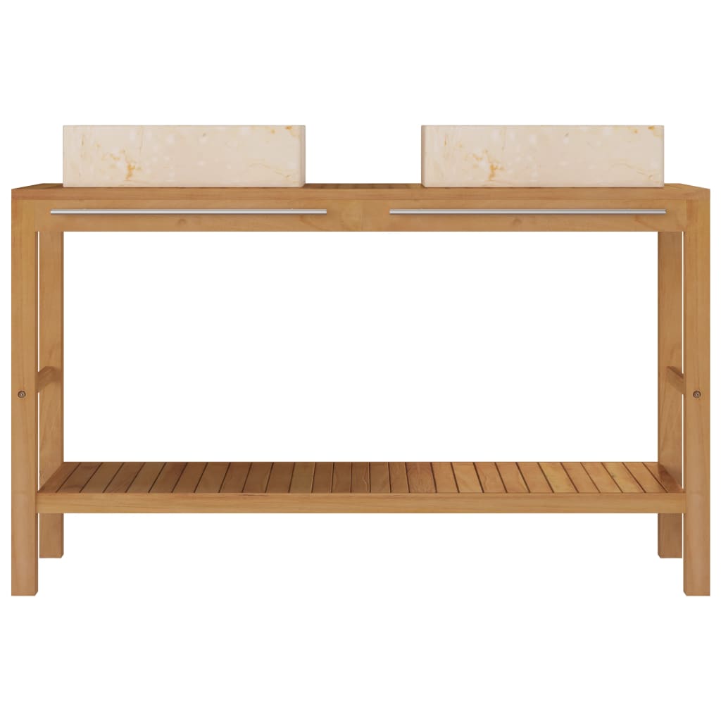 Waschtisch Massivholz Teak mit Waschbecken Marmor Creme