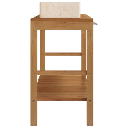 Waschtisch Massivholz Teak mit Waschbecken Marmor Creme