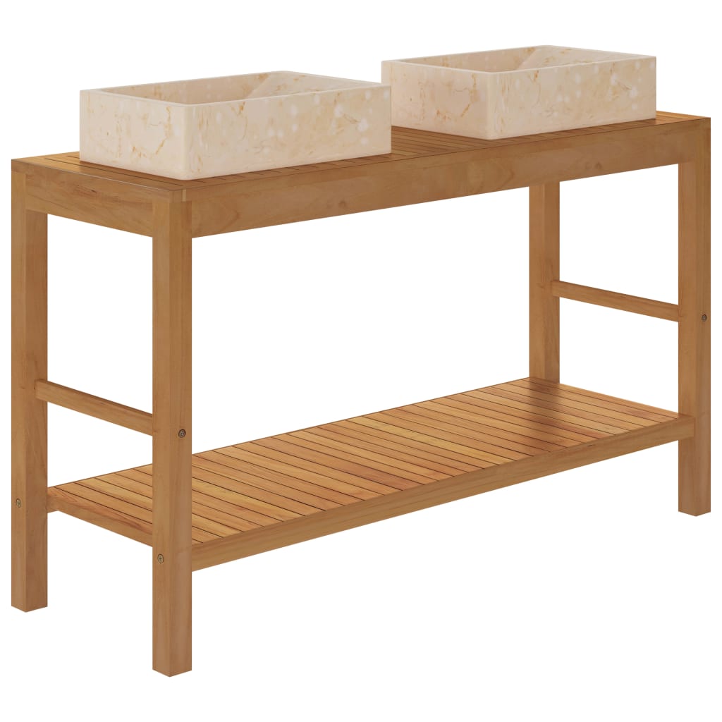 Waschtisch Massivholz Teak mit Waschbecken Marmor Creme