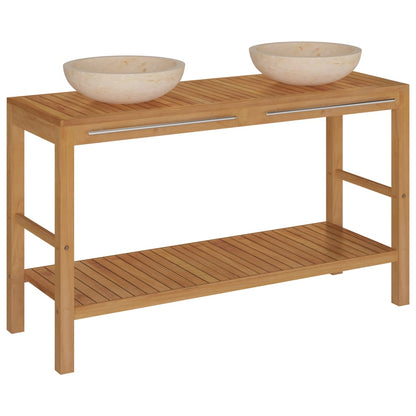 Waschtisch Massivholz Teak mit Waschbecken Marmor Creme