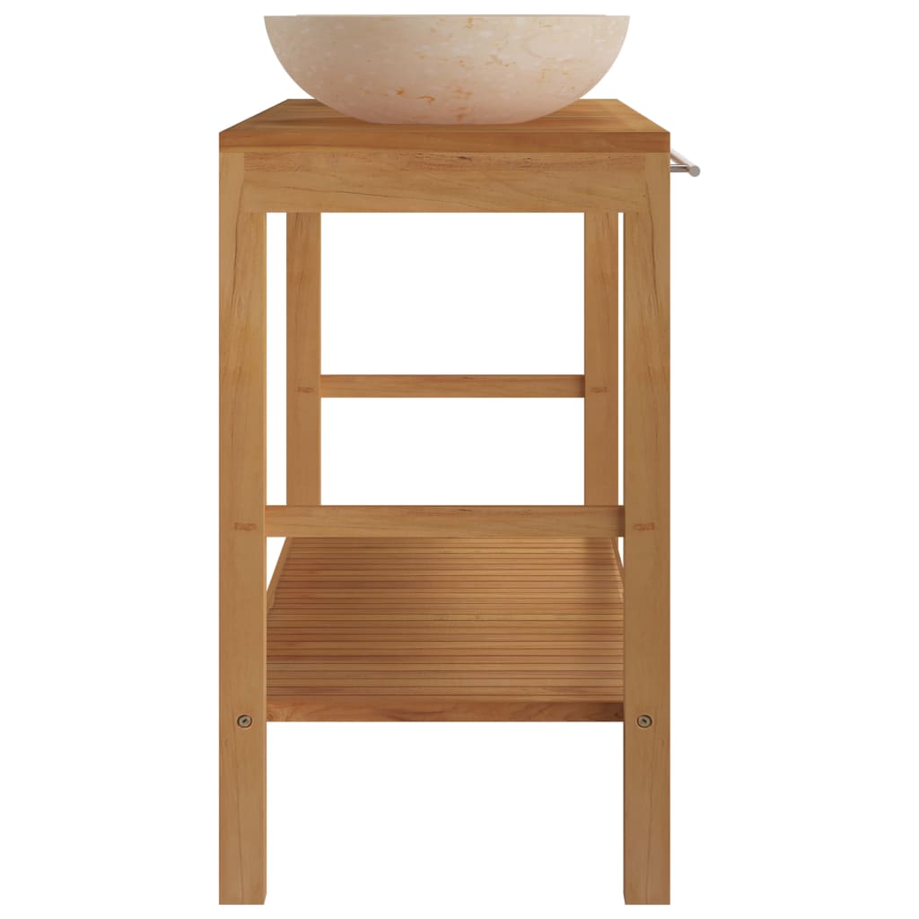 Waschtisch Massivholz Teak mit Waschbecken Marmor Creme