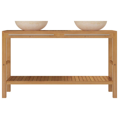 Waschtisch Massivholz Teak mit Waschbecken Marmor Creme