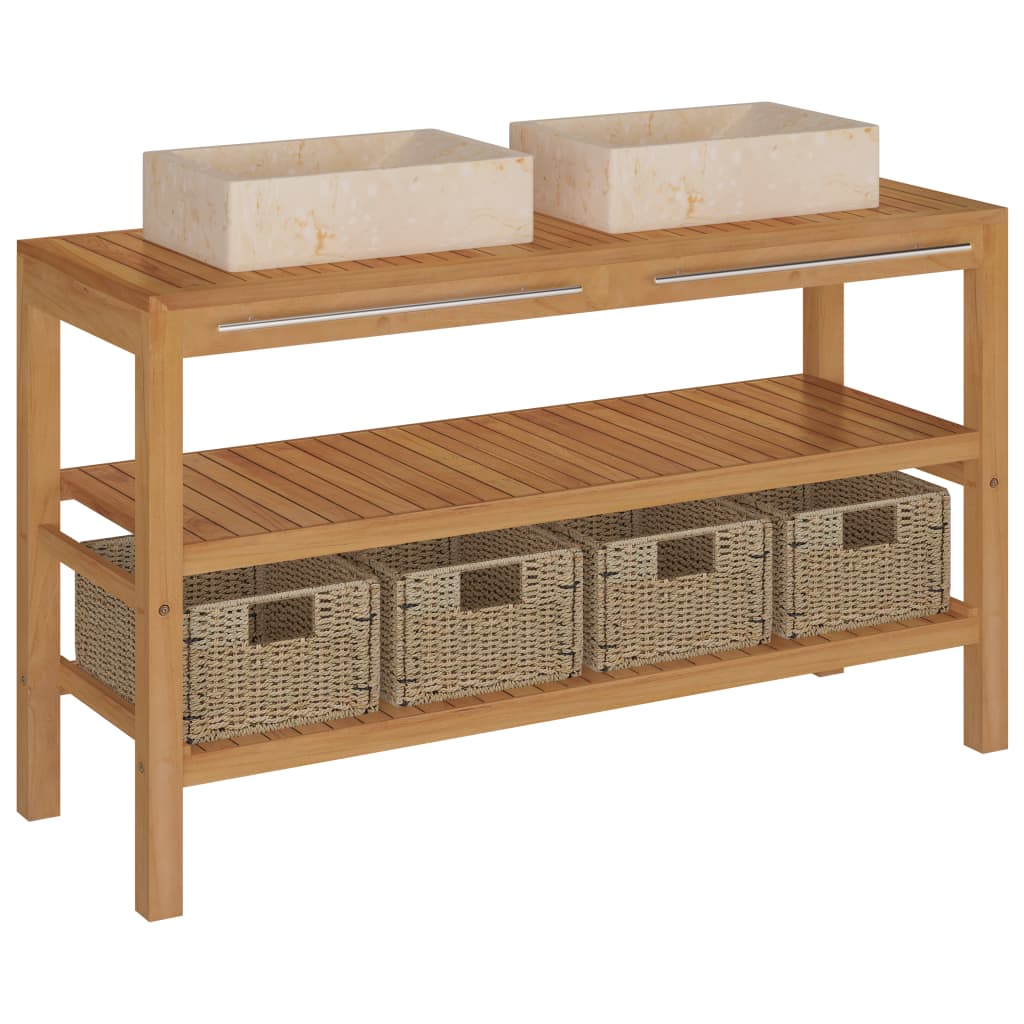 Waschtisch Massivholz Teak mit Waschbecken Marmor Creme