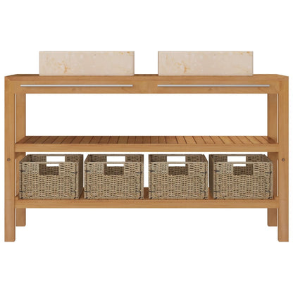 Waschtisch Massivholz Teak mit Waschbecken Marmor Creme