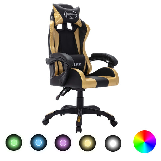 Gaming-Stuhl mit RGB LED-Leuchten Gold und Schwarz Kunstleder