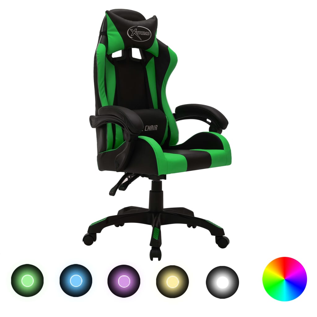 Gaming-Stuhl mit RGB LED-Leuchten Grün und Schwarz Kunstleder