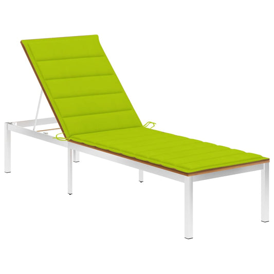 Sun lounger with cushion made of solid acacia wood and stainless steel