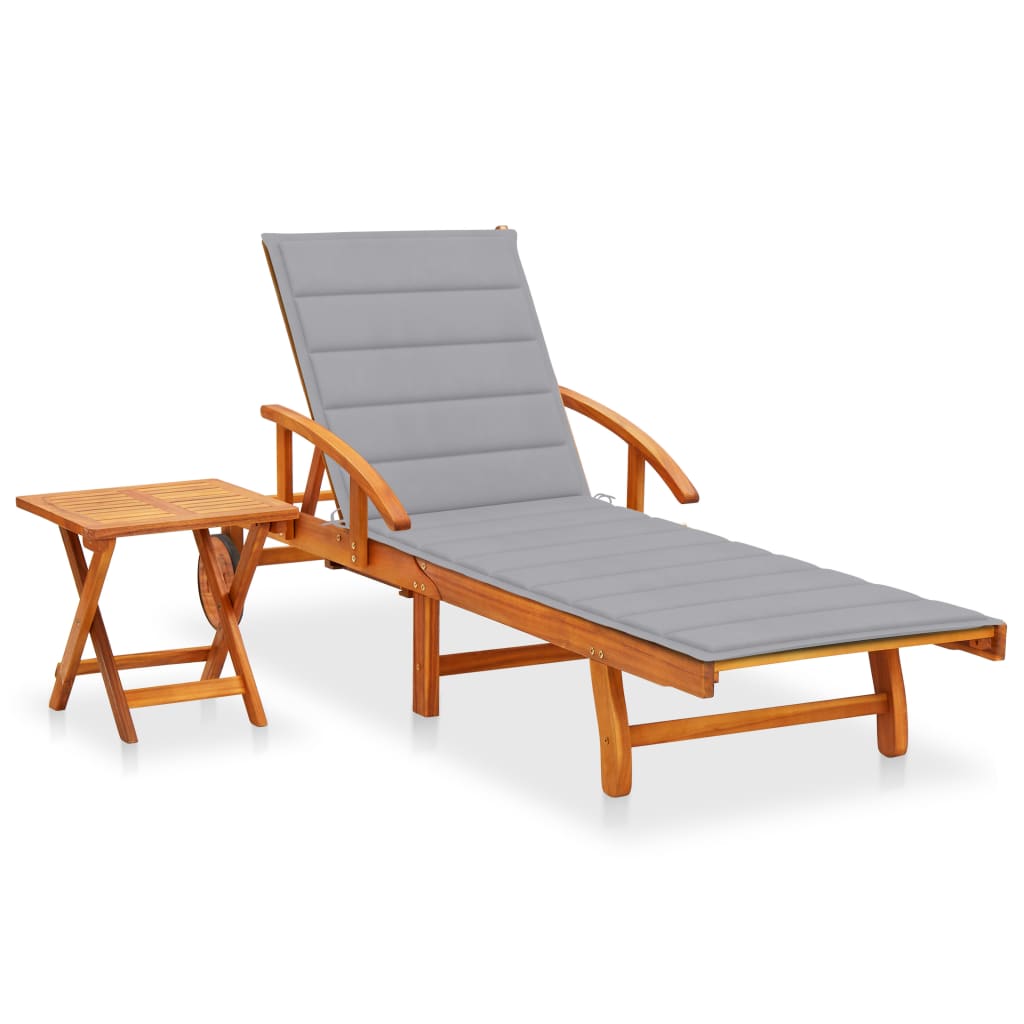 Sun lounger with table and cushion made of solid acacia wood