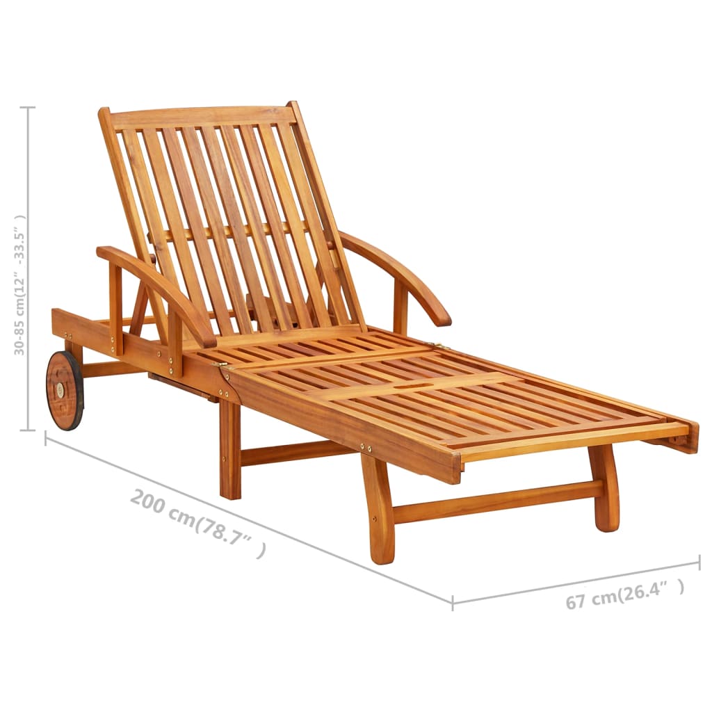 Sun lounger with table and cushion made of solid acacia wood