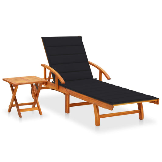 Sun lounger with table and cushion made of solid acacia wood