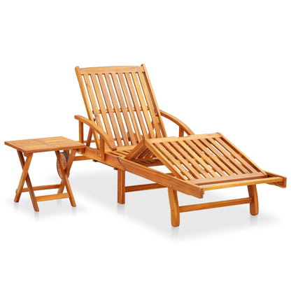 Sun lounger with table and cushion made of solid acacia wood