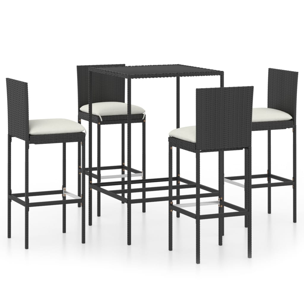 5-tlg. Gartenbar-Set mit Kissen Poly Rattan Schwarz