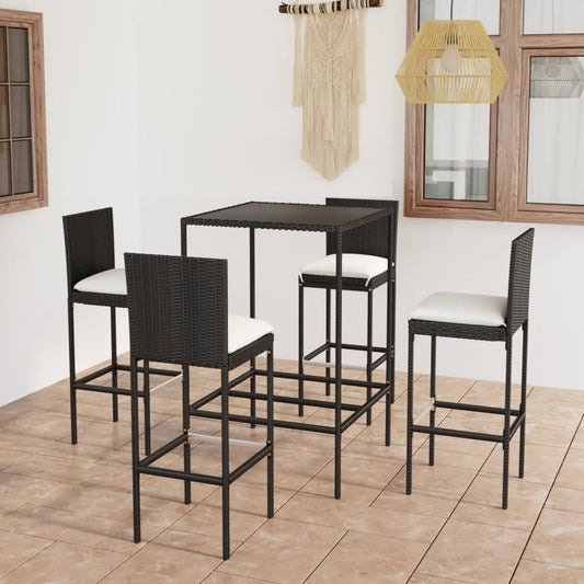 5-tlg. Gartenbar-Set mit Kissen Poly Rattan Schwarz