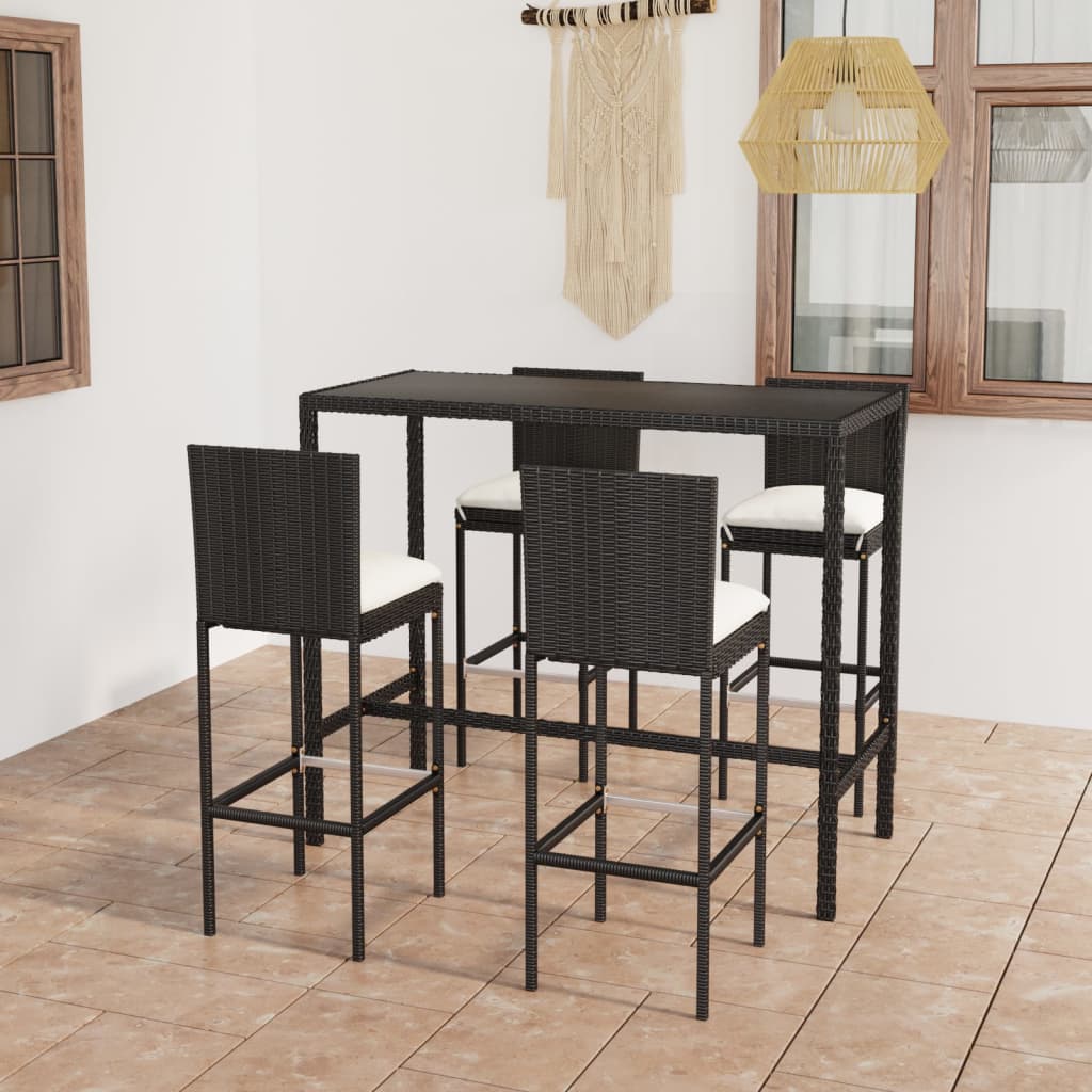 5-tlg. Gartenbar-Set mit Kissen Poly Rattan Schwarz