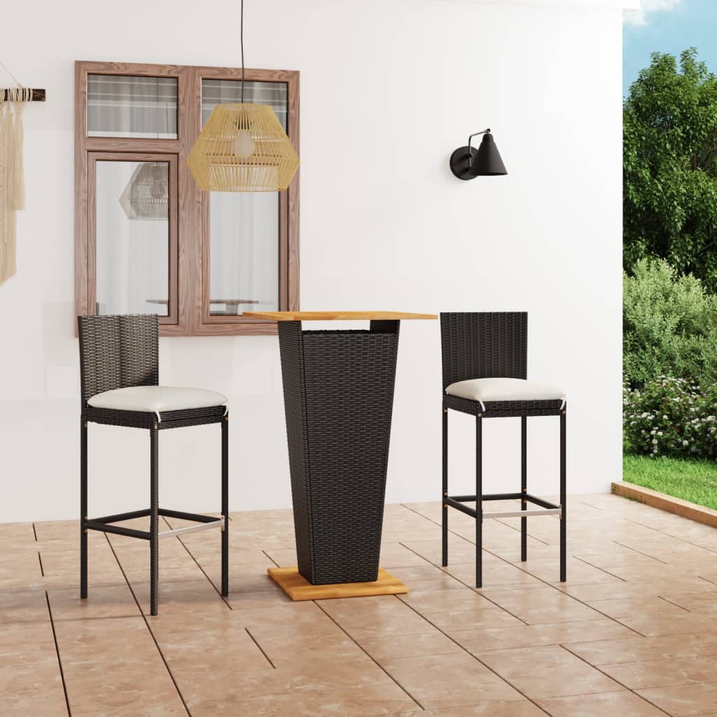 3-tlg. Gartenbar-Set mit Kissen Poly Rattan Schwarz