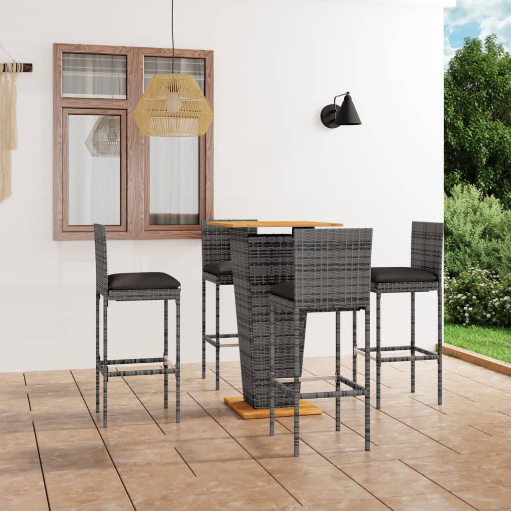 5-tlg. Gartenbar-Set mit Kissen Poly Rattan Grau