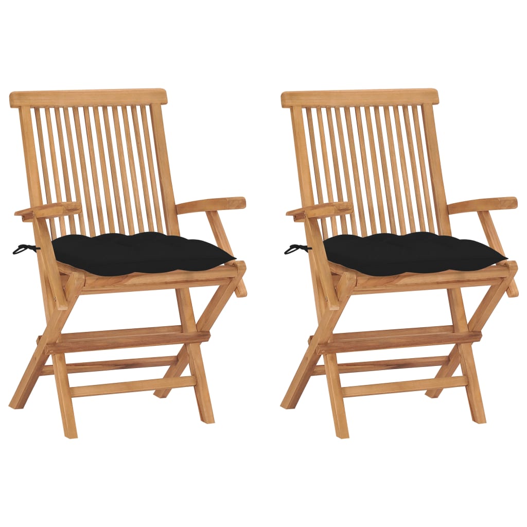 Garden chairs with black cushions 2 pcs. Solid teak wood