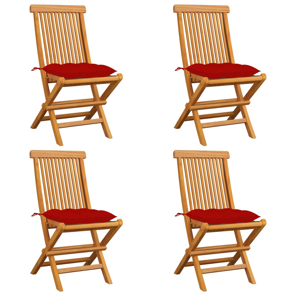 Garden chairs with red cushions 4 pcs. Solid teak wood