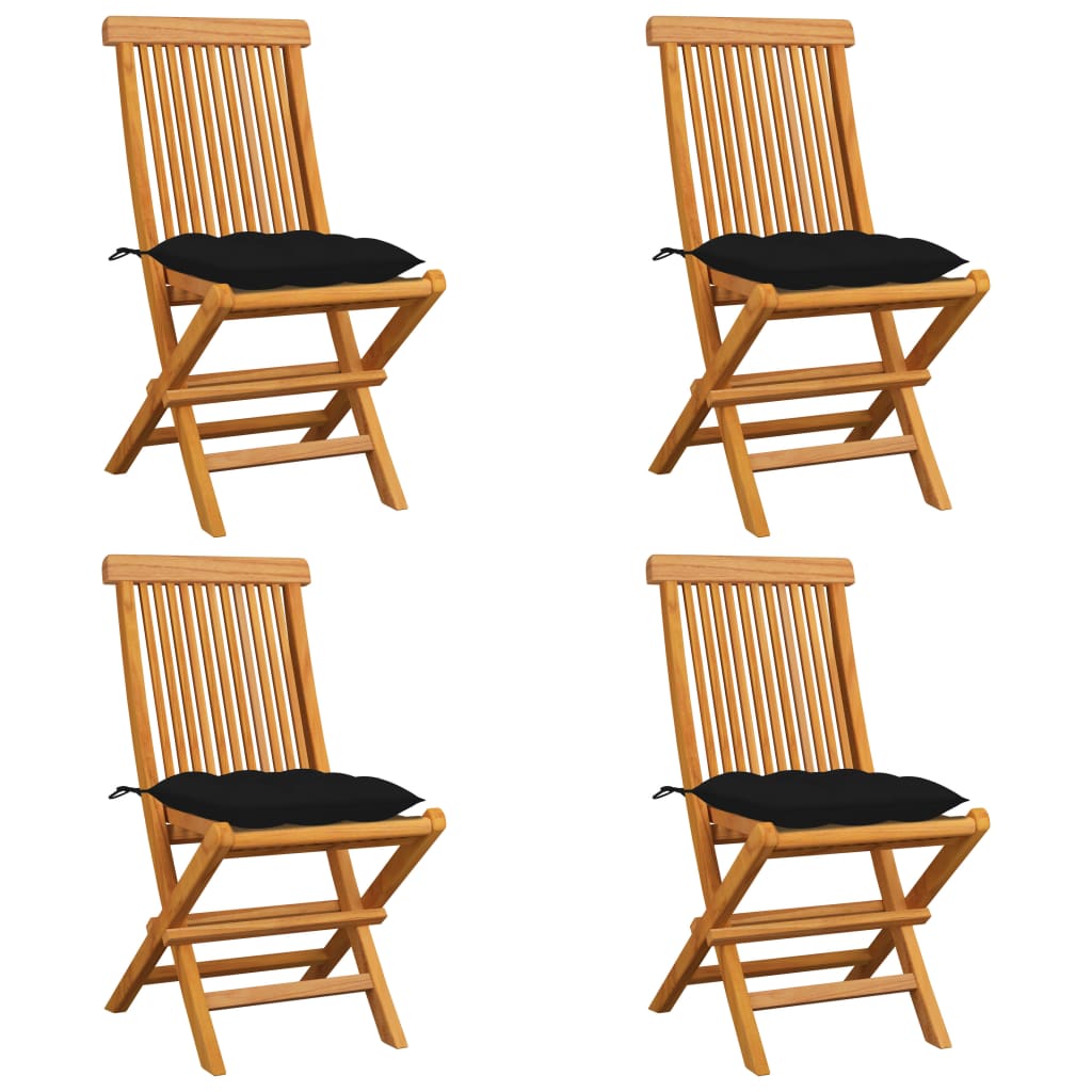 Garden chairs with black cushions 4 pcs. Solid teak wood