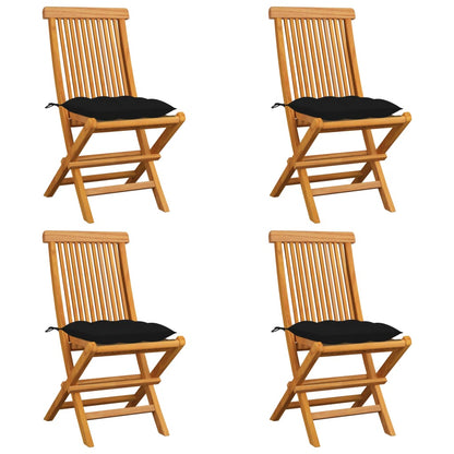 Garden chairs with black cushions 4 pcs. Solid teak wood