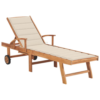 Sun lounger with cushion cream solid wood teak