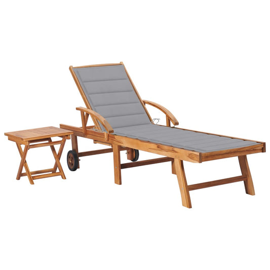 Sun lounger with table and cushion solid teak wood