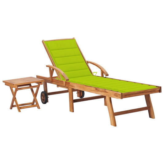 Sun lounger with table and cushion solid teak wood