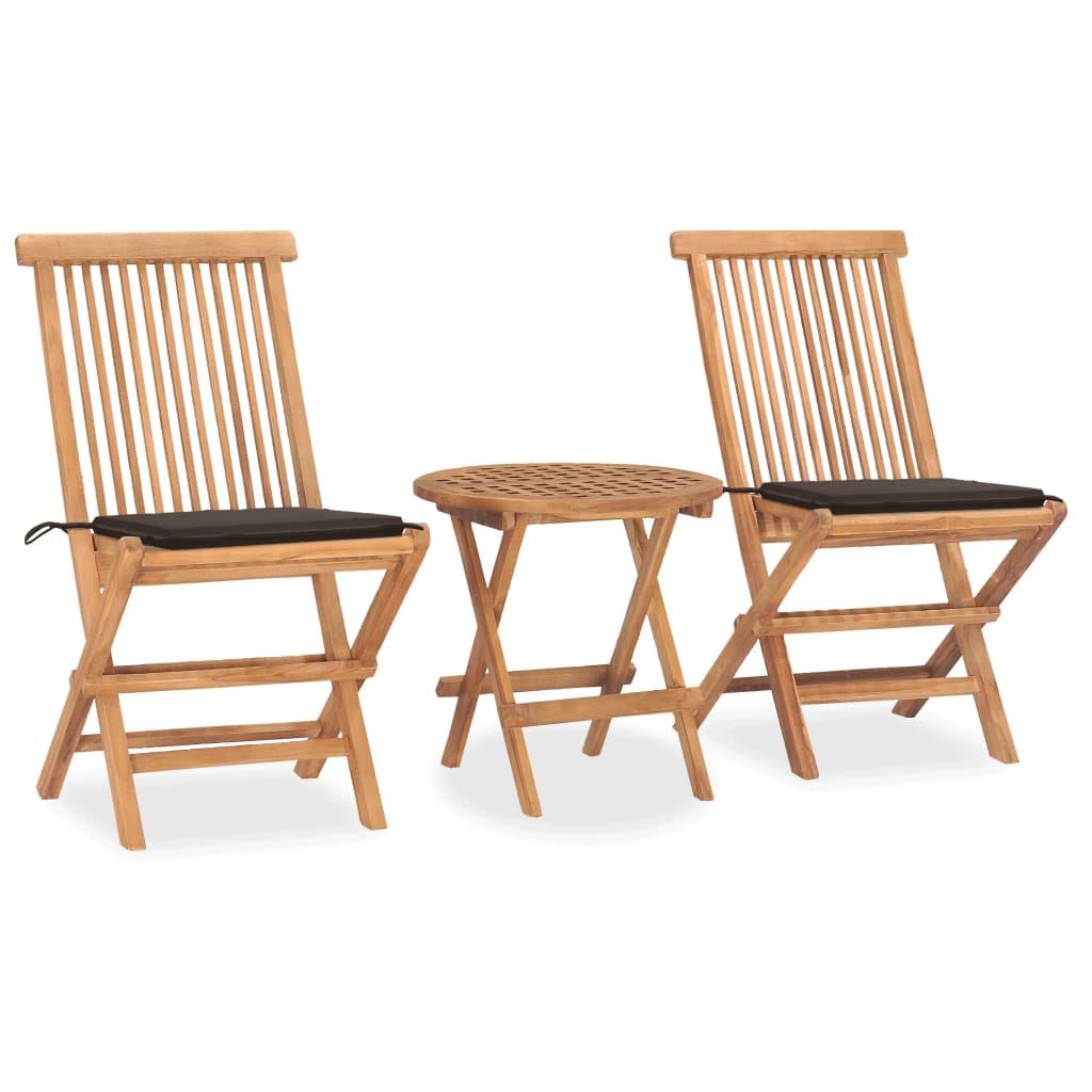 3-piece garden dining set with cushions, foldable, solid teak wood